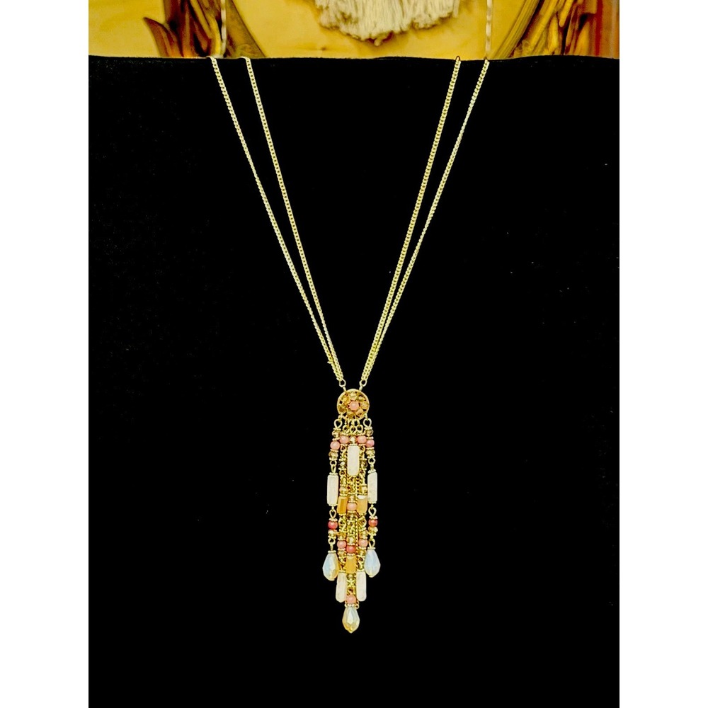 Beautiful Gold-plated Pink & White Beaded Tassel Pendant Necklace 20"